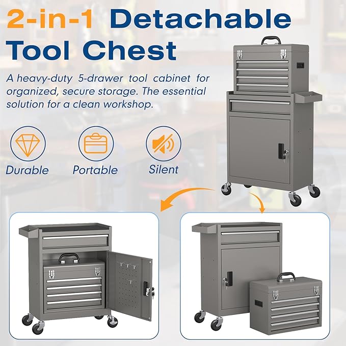 5-Drawer High Capacity Rolling Tool Chest, Removable Toolbox on Wheels Organizers, Lockable Tool Box Tool Storage Cabine with Drawers and Wheels for Workshop and Warehouse
