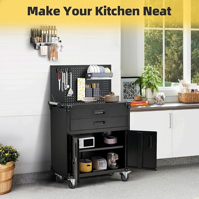 52'' Work Bench for Garage with Pegboard Drawers and Cabinets Heavy Duty Metal Frame Tool Bench for Shop Kitchen Cabinets Organizer Work Table with Wheels