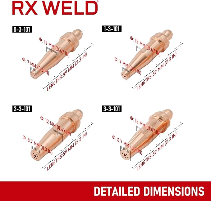 RX WELD 3-101 Series Acetylene V-Style Cutting Torch Tips - Sizes 0-3, Fit V-Style Light/Medium Duty Torch