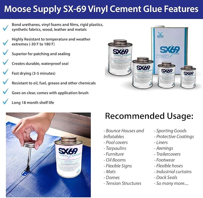 SX 69 Vinyl Repair Kit | Inflatable Bounce House Repair Kit | Includes 8 Ounce Adhesive and Vinyl Roll | for Flexible, Waterproof Repairs of Tears, Punctures, and Holes
