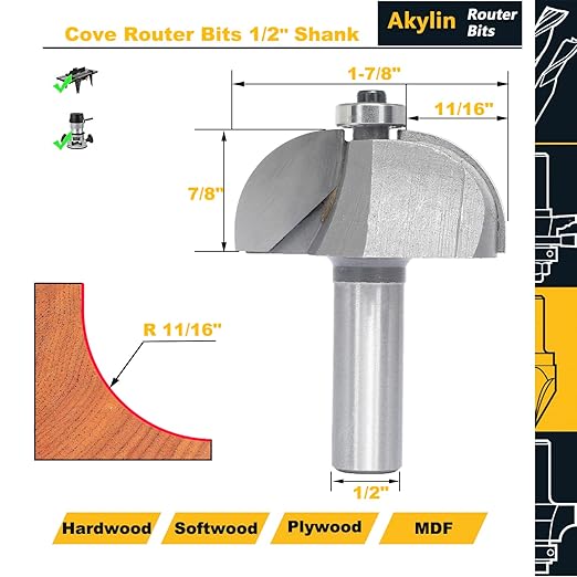 Cove Router Bits,1/2" Shank,Radius 11/16",Bearing Guided Cove Edging Cutter for Wood Profiling,Routing,Molding