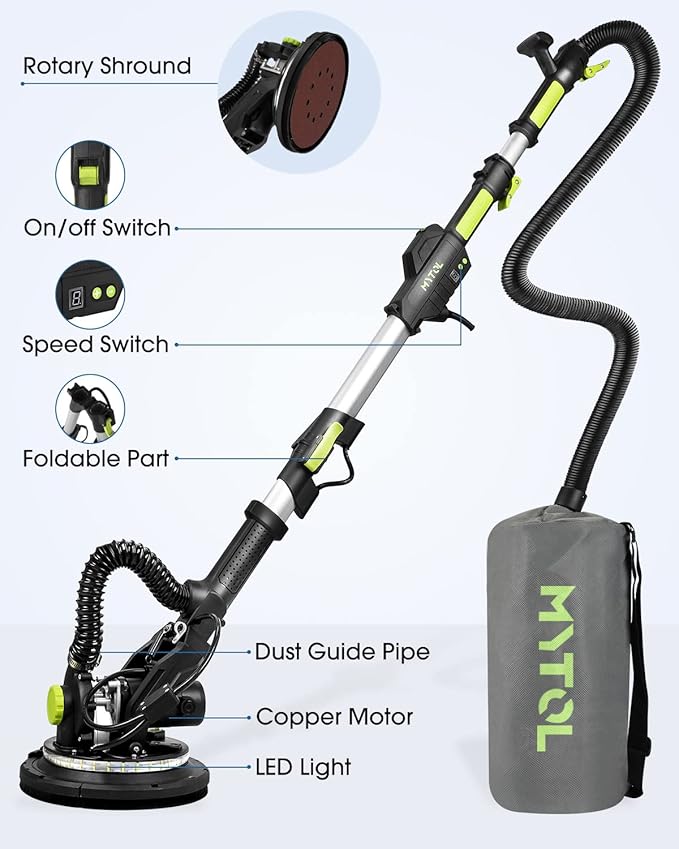 Drywall Sander, 7.2A Electric Drywall Sander with Vacuum Dust Collection, LED Light, 6 Variable Speed Digital Display 900-1800RPM, Foldable & Extendable Handle, 9 Sanding Discs&3 Grid Sandpaper