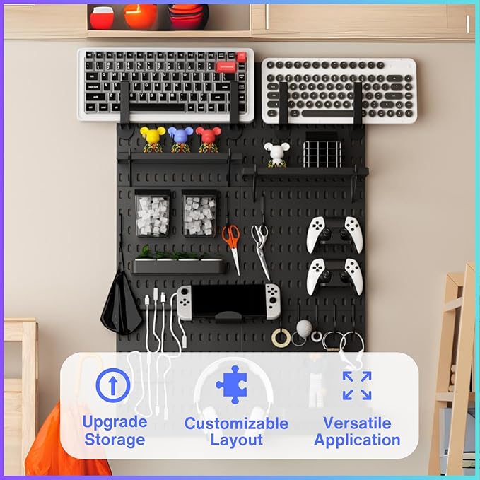 Keepo Pegboard Combination Kit, Pegboards and Accessories Modular Hanging for Gaming Setup, Gaming Station Peg Board, Gaming Organizer, Wall Game Controller Holder, Headset Stand (Black, 33″×22″)