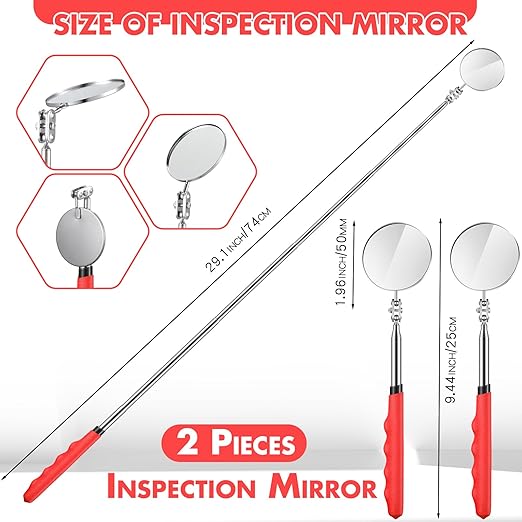 2 Pcs Telescoping Inspection Mirrors, Mechanics Mirror Tool with Long Handle, Round Extendable Mirror on a Stick for Technicians Mechanics Contractors Checking Observation(50mm,Red)