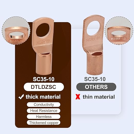 Thick Copper Electric Wire Lugs,10Pcs Bare Copper Gauge 2Awg-3/8(M10) Ring Heavy Duty Battery Cable Lugs Ends Ring Terminals Connectors with 10Pcs 3:1 Heat Shrink Tubing Assortment Kit