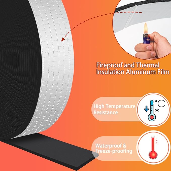 2in x 40FT Pipe Insulation Foam Tape,Self Adhesive Pipes Wrap Insulation Tape with Aluminum Foil,Waterproof Water Pipes Wrap Insulation Tape for Winter Cold Hot Water Pipes