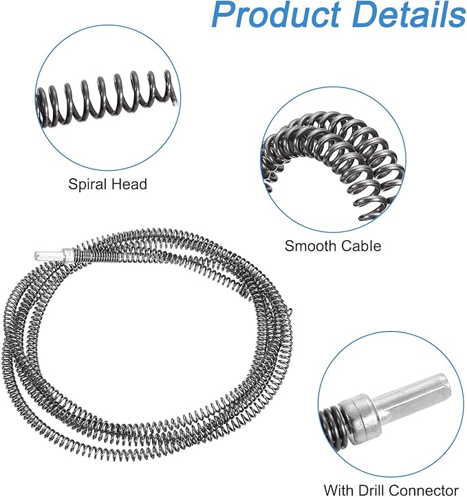 uxcell 9.84Ft Drain Auger Cable, Pipe Cleaning Spring Clog Remover, Flexible Plumbing Snake Pipe Drain Cleaner for Kitchen, Shower Sink