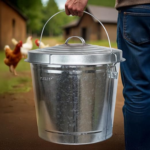 Plexon Metal Trash Can with Locking Lid Outdoor Storage Bucket for Bird Seed Ash Galvanized Steel 10-Gallon 3 Pack