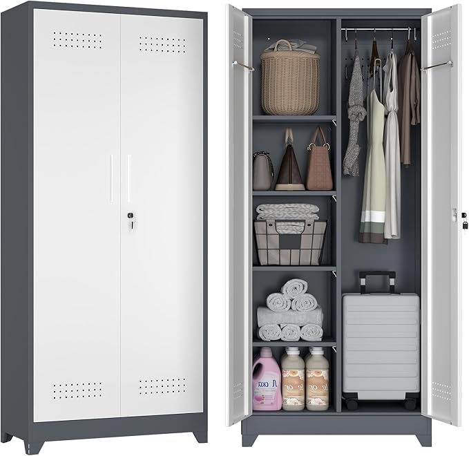 72.8" H Utility Closet Cabinet, Broom Closet Storage Cabinet with Locking Doors, Garage Tool Cabinets with Hanging Rod, Cleaning Storage Cabinets for Garage,Bedroom Office Grey&White