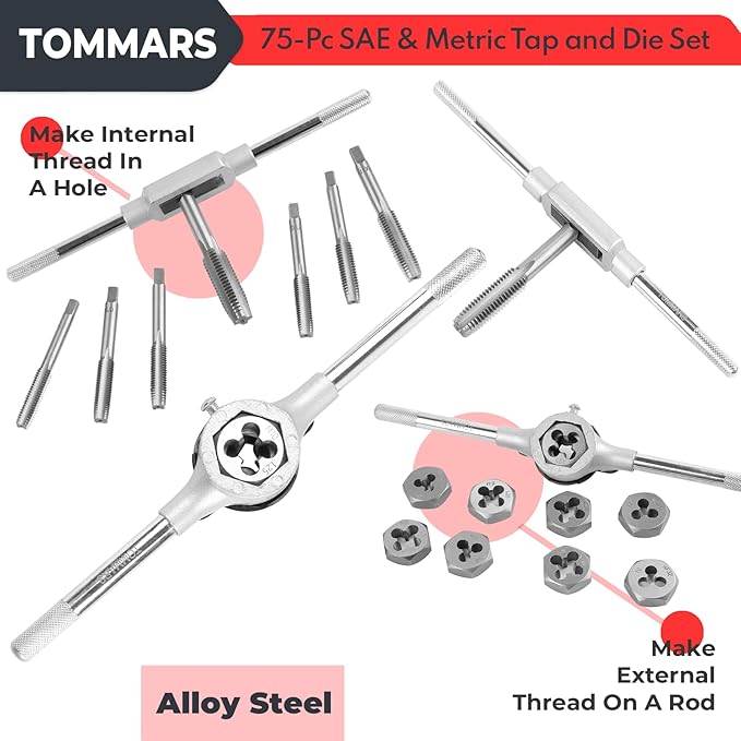 TOMMARS 75-Pc Tap and Die Set, SAE & Metric Hex Thread Taps Dies Wrench Metric Sizes M3 to M12 & Standard Sizes #4 to 1/2" Type NC NF NPT