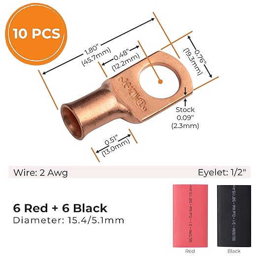 SELTERM 10pcs - 2 Awg - 1/2" Stud - Battery Lugs - Ring Terminal Connectors | with 12pcs 3:1 Black & Red Heat Shrink Tubing with Adhesive | Heavy Duty Battery Cable Ends - Bare Copper Wire Lugs Kit