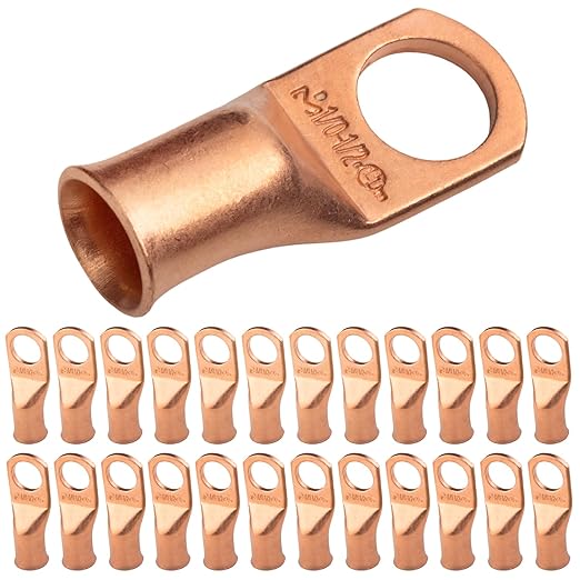 SELTERM 25pcs 1/0 AWG 1/2" Stud Battery Lugs, Ring Terminals, Heavy Duty Copper Wire Lugs, Battery Cable Ends, 0 Gauge Ring Terminal Connectors, UL Bare Copper Eyelets Electrical Battery Cable Lugs
