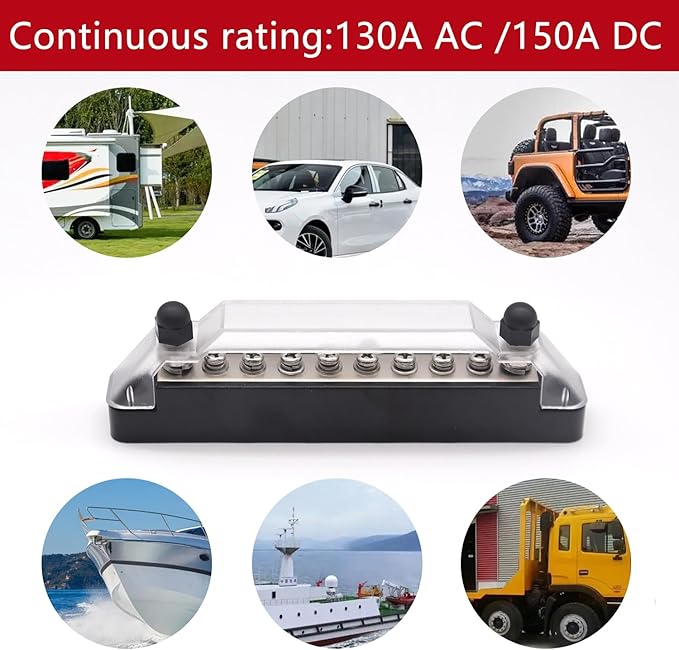 150A 12V Bus Bar Marine, 1/4" Power Distribution Block, Battery Buss Bar, Automotive Busbar Terminal Block for Car and Boat, 2 x 1/4" Posts, 8 x #8 Screws Terminals (Black+Red)
