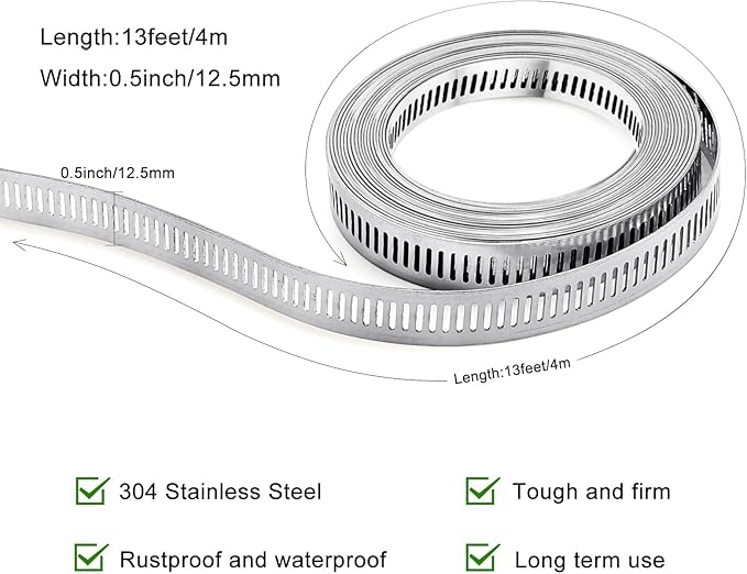Hose Clamps, DIY 13 FT Metal Strap + 8 Fasteners, Hose Clamps Stainless Steel, Large Adjustable Hose Clamp Pipe Clamp for Pipe Automotive Mechanical Applications