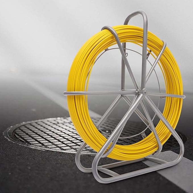 FAHKNS 425FT Fish Tape Fiberglass 1/4 inch(6MM) Fishing Wire Puller Duct Rodder Cable Running Electrical Fishtape Tool Rod with Steel Reel Stand Through Wall Pipe Length Marking in Meter