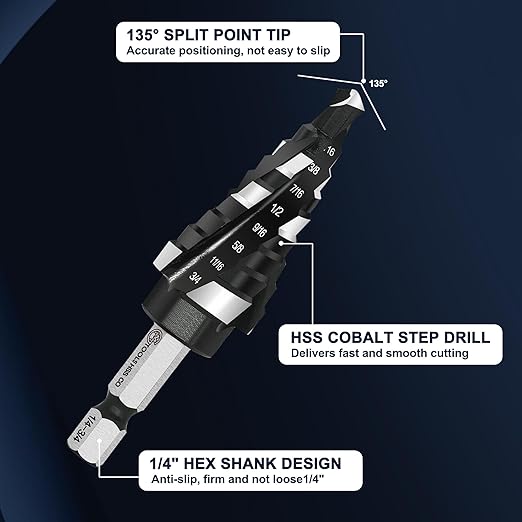 M35 Four Spiral Flute Cobalt Step Drill Bit, 3/16"-7/8" Wear-Resistant TiAlN Coated Four-Flute Step Bit, 1/4" Hex Shank Unibit Step Bit for Metal, Stainless Steel, Aluminum, Wood, Plastic