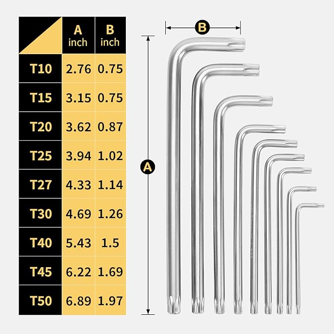 Torx Wrench Set Star Key Cr-V T-Handle – 9PCS Torx Allen Key Set, T10–T50, Chrome Vanadium Steel, Silver Finish, Long Arm, for Electronics, Furniture Screws, Automotive Fixes