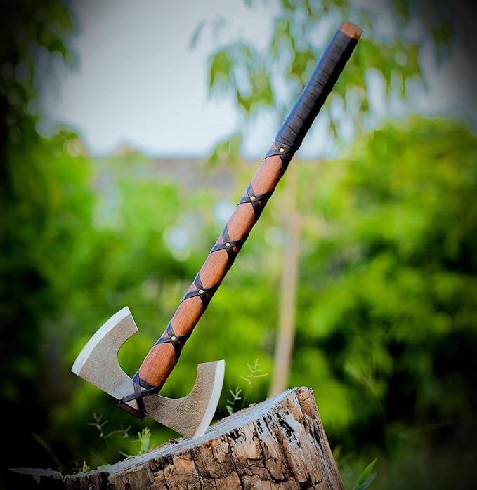 Double-Headed Viking Battle Axe with Leather Sheath, Hand Forged Steel, Wooden Handle, Camping, Hinking, Hunting, Gift, Hatchet Axe
