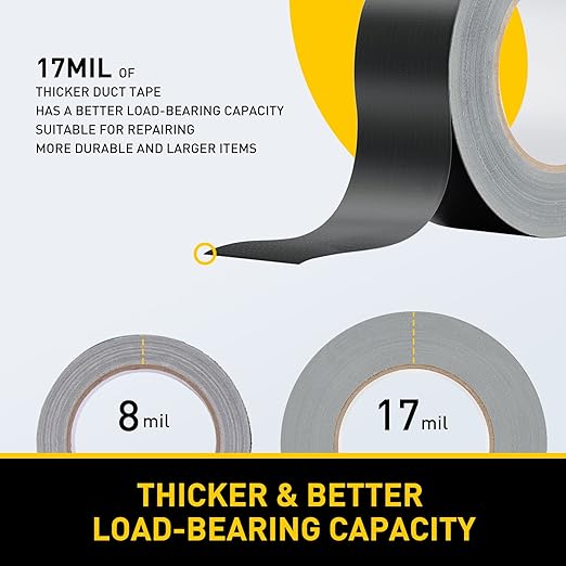 Lichamp 10 Rolls Heavy Duty Thicker Black Duct Tapes, 17 mil No Residue Duct Tape for Packaging Taping Sealing Repairing Tying, Wide Tape for DIY or Commercial Use, 2 Inches x 25 Yards