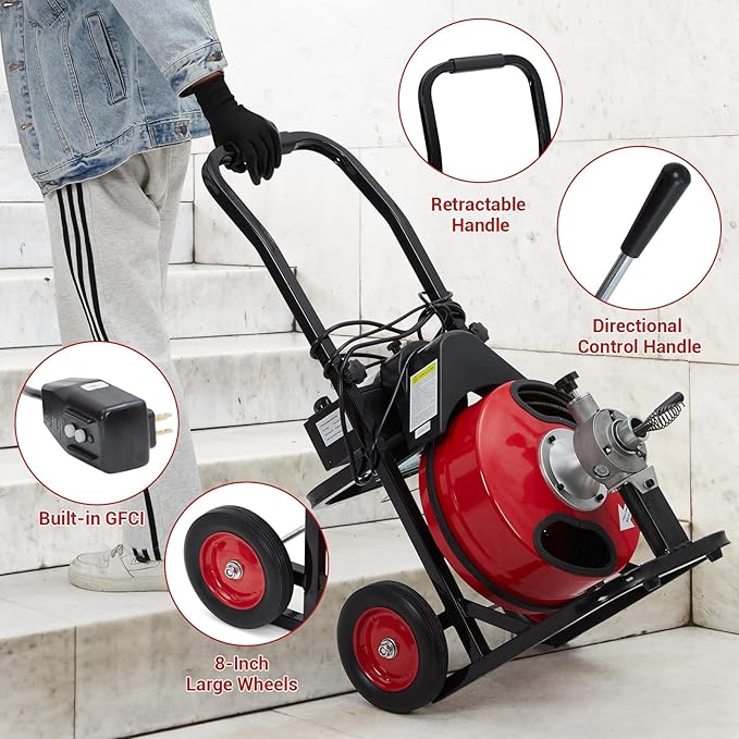 Auto Feed 75 FT x 1/2 Inch Drain Cleaner Machine with 370W Motor, Portable Sewer Snake Auger with 8 Cutters & Air-activated Foot Switch, Fits 1" to 4" Pipes, Black & Red