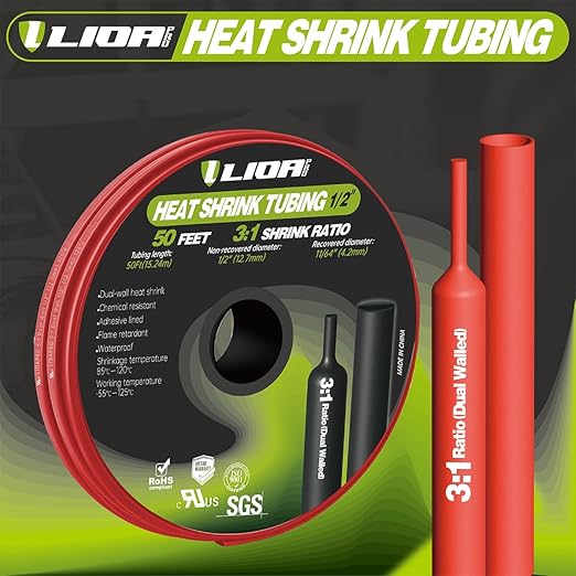 Heat Shrink Tubing 50 Feet Roll, 3:1 Ratio Adhesive Lined Marine Grade Shrink Wrap Tubing,Industrial Heat Shrink Tube Electrical (1, Red, 50ft-Dia-1/2")