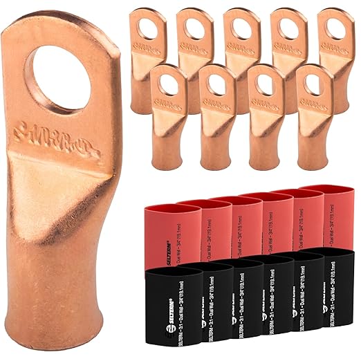 SELTERM 10pcs - 1/0 Awg - 3/8" Stud - Battery Lugs - Ring Terminal Connectors | with 12pcs 3:1 Black & Red Heat Shrink Tubing with Adhesive | Heavy Duty Battery Cable Ends - Bare Copper Wire Lugs Kit