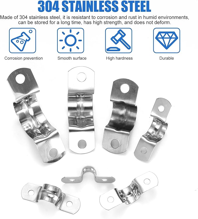 90 Pcs Two Hole Strap U Clamp,Pipe Strap U Bracket Clamp, Stainless Steel Rigid Pipe Strap U Bracket Tube Strap Clamp Kit for Pipe Tube Fixing Mounting - 5/16" 3/8" 9/16" 1/2" 5/8" 3/4" 1"