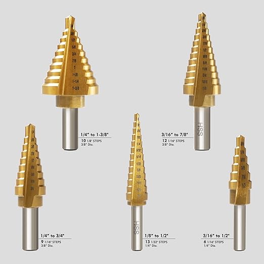 6 Pcs Step Drill Bit Set, High Speed Steel Unibit Drill Bits, Stepped Up Bits & Automatic Center Punch for Sheet Metal, DIY Lovers with Aluminum Caes, Total 50 Sizes for Multiple Hole