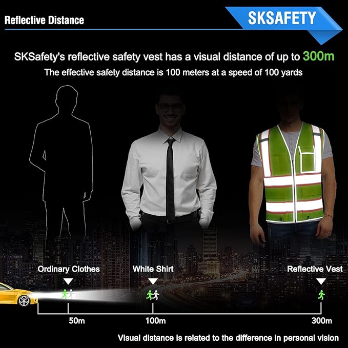 SKSAFETY 10 Pockets Safety Vest, Class 2 High Visibility Security with Zipper, Hi Vis Vest with Reflective Strips, ANSI/ISEA Standard, Construction Work Vest for Men ＆ Women （Lime, 3XL）
