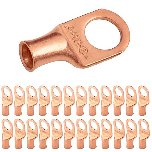 SELTERM 25pcs 4 AWG 1/2" Stud Battery Lugs, Ring Terminals, Heavy Duty Copper Wire Lugs, Battery Cable Ends, 4 Guage Ring Terminal Connectors, UL Bare Copper Eyelets Electrical Battery Cable Lugs