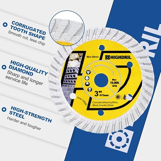 HIGHDRIL Diamond Concrete Blade 3" 75mm x Arbor 3/8" 10mm - 4pcs Angle Grinder Cutting Disc for Cutting Granite Hard Concrete Products Hard Artificial Natural Stones Clinker