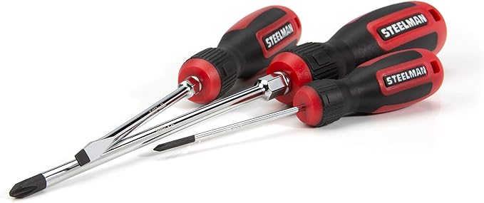 STEELMAN Comfort Grip Screwdriver Set, 15 of the Most Common Phillips, Slotted, and Precision Sizes, Magnetic Tips, 5 Largest Screwdrivers Feature Hex Bolsters