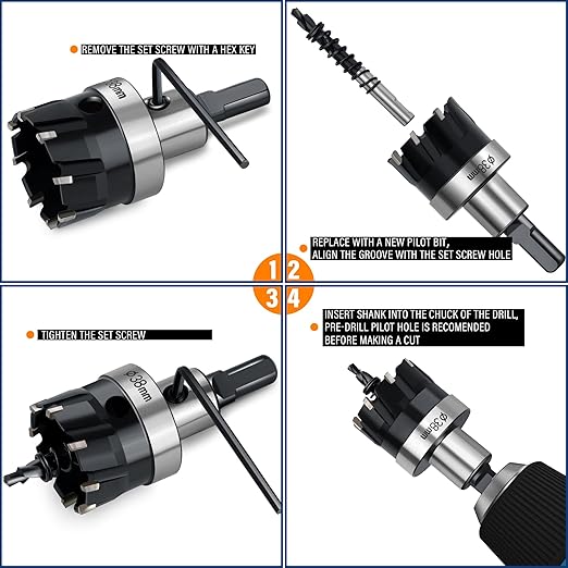 Carbide Hole Saw Kit for Metal TCT Hole Saw Drill Bit Set Hole Cutter Kit for Stainless Steel 4PCS(3/4" to 1-1/2")