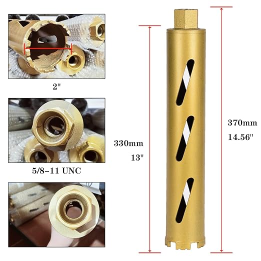 2" Dry Core Drill Bits for Cured Concrete with Rebar Brick Blonck Masonry etc 12.2in/310mm Drilling Depth，10mm Diamond Segment Height，2 Adapters