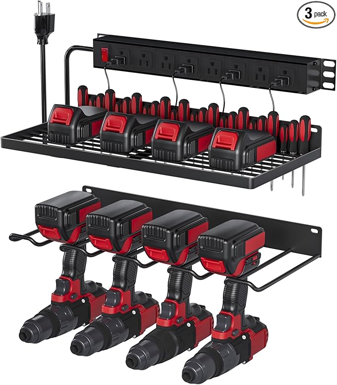 Power Tool Organizer With Charging Station, Wall Mount Drill Holder, Screwdriver and Battery Organizer, Heavy Duty Rack for Garage, Workshop, Tool Room, Workbench