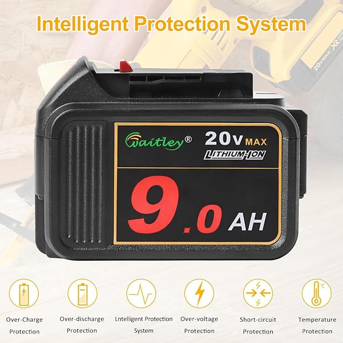 waitley 2 Pack 20V 9.0Ah DCB209 Replacement Battery Compatible with DCB200 20V DCD DCF DCG Series Cordless Power Tools with LED Indicator