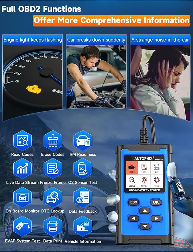 AUTOPHIX 2 IN 1 OBD2 Scanner with Battery Tester, BAS300 Plus 12V 100-2000 CCA Battery Charging Cranking Test Car Code Reader, Full OBD2 Diagnosis Check Engine Diagnostic Scan Tool Battery Load Tester