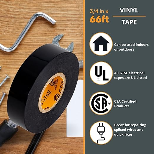 GTSE Black Electrical Tape, 50 Rolls Bulk Carton – Waterproof, Industrial Grade Vinyl, 3/4 in x 66ft– Strong Self-Adhesive PVC Electric Tape for Wire Insulation, 7 Mil, 600V – UL/CSA Listed