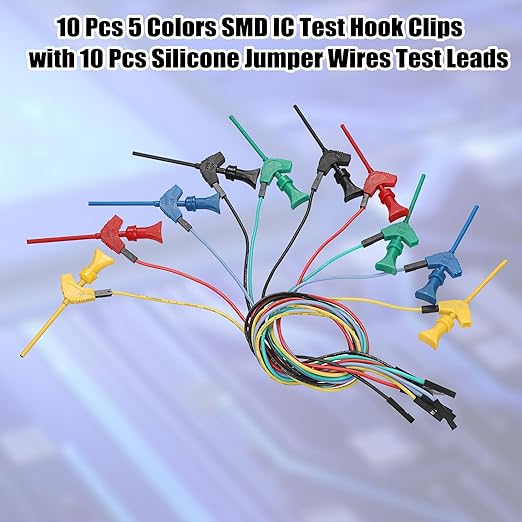 Sumnacon Test Leads Kit 10 Pcs 5 Colors Mini SMD IC Test Hook Clips with Silicone Jumper Wires Cable for Logic Analyzer Electrical Testing Clip Leads or Multimeter Test Leads for Repairing Cell Phone