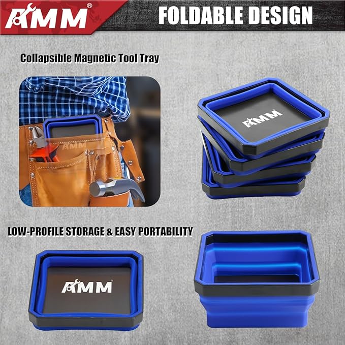 AMM Magnetic Tray, 4PC Foldable Magnetic Tool Tray Set for Bolts Screws Nuts & Small Metal Parts, Mechanic Tool Present for Men, 4.5 Inch Square (4PC, Blue)
