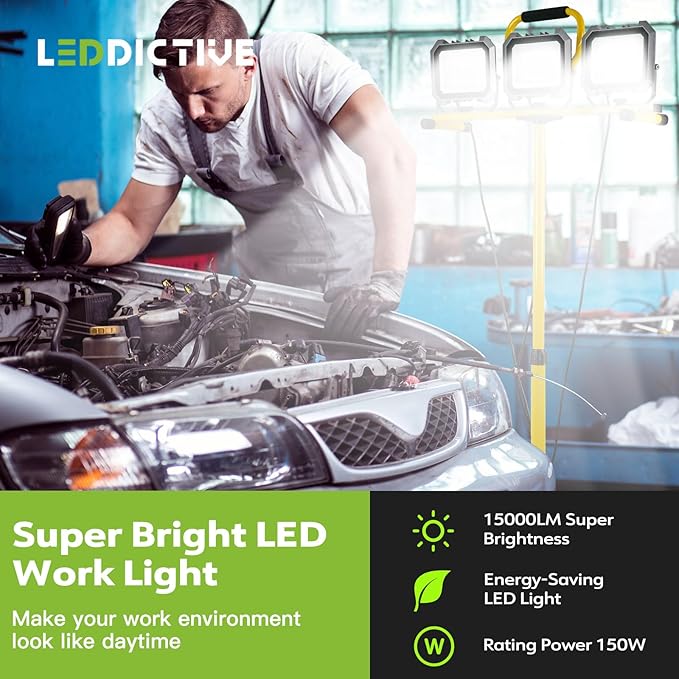 15000LM Work Lights with Stand, IP66 Waterproof 6000K LED Work Light with Foldable Tripod Stand, 3 Head Portable Work Light with Individual Switch for Indoor Outdoor Lighting