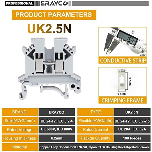 Erayco UK2.5B-GR DIN Rail Terminal Block, Screw Clamp, 600V 20A 24-12AWG, Pack of 100