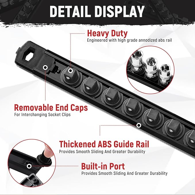 Magnetic Socket Organizer, 1-Piece Heavty Duty ABS Socket Holder, Socket Rail for Tool Box, Premium Quality 360° Swivel Socket Rack with 12 Clips for 1/2-Inch(Black)