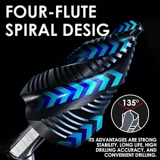 M35 Cobalt Step Drill Bit, Four Spiral Flute Unibit Step Drill Bit (3/16"-1-3/8") Wear-Resistant TiAlN Coated, 3/8" Shank for Metal, Carbon Steel, Stainless Steel, Wood, Plastic (19 Size)