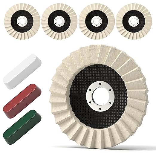 8 Pcs Wool Polishing Wheel & Compound Kit – 5 Aluminum Buffing Wheels (4-1/2" x 7/8") + 3 Polishing Compounds–Felt Flap Disc for Angle Grinder – Multi-Surface Buffing for Metal, Wood, & Automotive