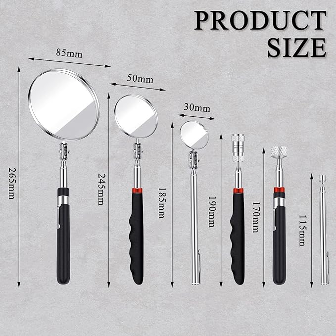 6 Pieces Telescoping Inspection Mirror Mechanic Magnet Stick Magnetic Pick Up Tool Round Mirror Inspection Tool Adjustable Telescoping Mirror 1.5 lb, 8 lb, 10 lb Telescope Tools for Men, Dad, Husband