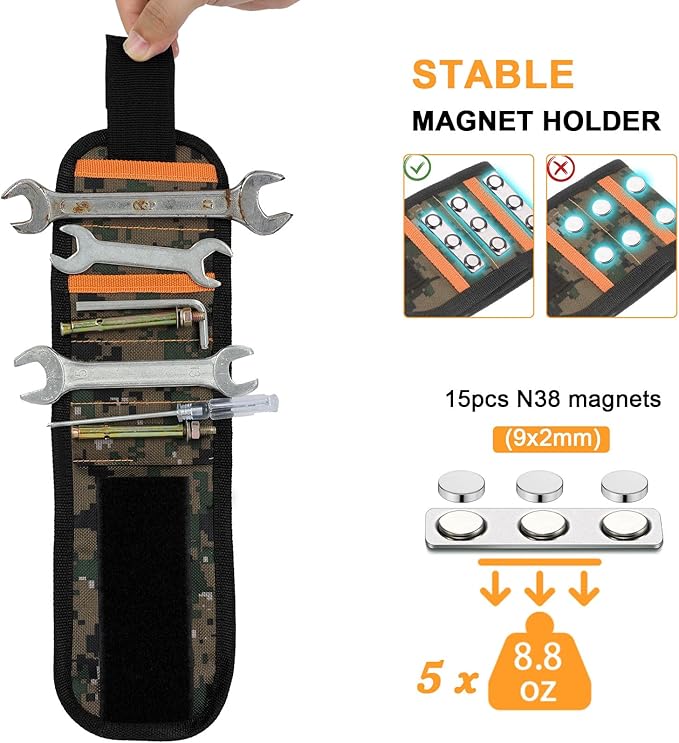 vidsel Magnetic Tool Holder Belt & Wrist-Band (15 N38 Magnets), Adjustable Work Gadget for Electricians/DIY/HVAC, Screws, Nails, Drill Bits Organizer, Birthday Gift for Men, Dad, Husband, Camouflage