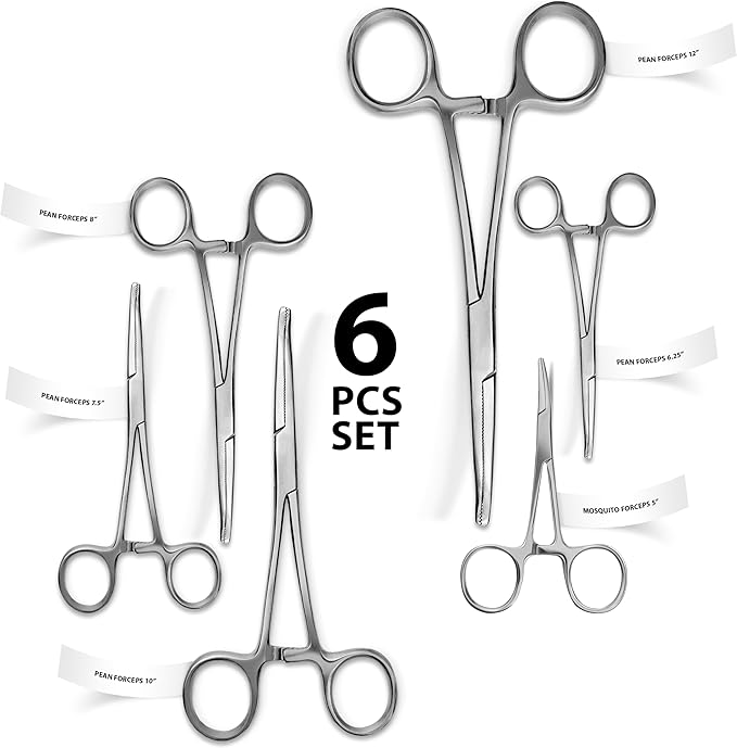 Hemostats ROCHESTER PEAN Forceps Locking Pliers Clamps Tongs Full Serrated Stainless Steel set (Curved 5,6.25,7.25, 8,10,12 Inches 6 pcs Set)