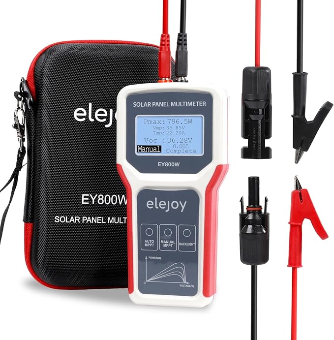 800W Solar Panel Tester, Digital PV Multimeter with Smart MPPT Tracer, 12-60V Voc, 0-35A Isc, Battery-Free, with LCD Display, MC4 & Alligator Clips, EVA Case for Solar Power Test