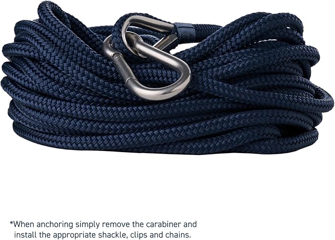 RainierSupplyCo Boat Anchor Rope - Double Braided Marine Rope Anchor Line - 50 ft x 1/4 Inch Nylon Boating Line with 316 Stainless Steel Thimble and Heavy Duty Marine Grade Snap Hook - Navy Blue